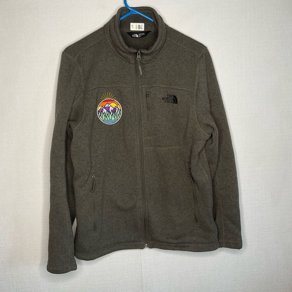 The North Face Knit Jacket mens M ZipUp Sherpa Lined Fleece Khaki Green Sweater